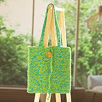 Jute knit shoulder bag, 'Chic and Bright' - Green Jute Knit Shoulder Bag with Wood Button and Bead