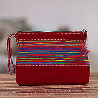 Suede wristlet bag, 'Sunset in The Andes' - Red Suede Wristlet Bag with Hand-Woven Andean Motif