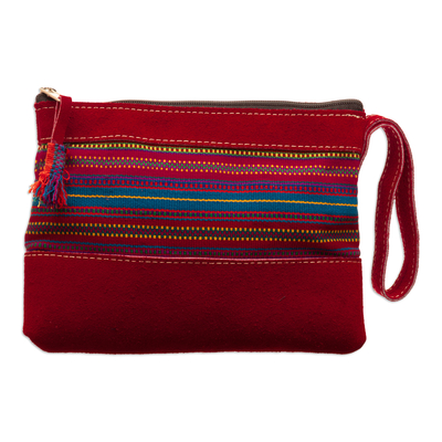 Red Suede Wristlet Bag with Hand-Woven Andean Motif