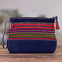 Suede wristlet bag, 'River Offerings' - Blue Suede Wristlet Bag with Hand-Woven Andean Motif