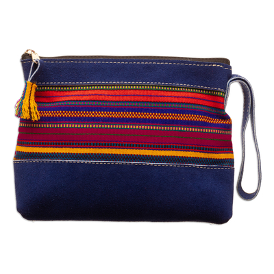 Blue Suede Wristlet Bag with Hand-Woven Andean Motif