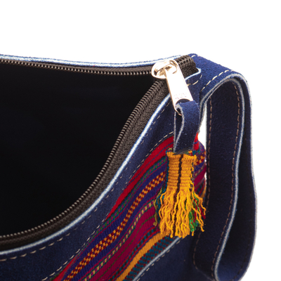 Suede wristlet bag, 'River Offerings' - Blue Suede Wristlet Bag with Hand-Woven Andean Motif