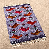 Wool rug, 'Mysterious Wings' (2x3) - Wool Rug with colourful Birds Handloomed in Peru (2x3)