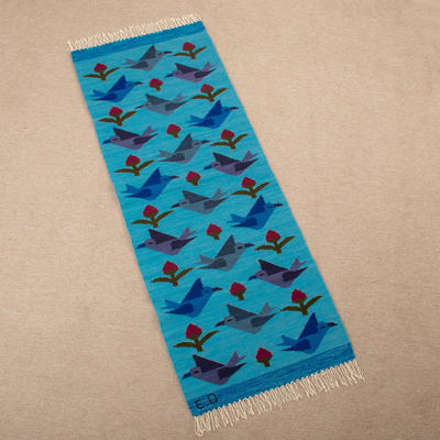 Wollteppich, (2x5) - Handgewebter türkisfarbener Wollteppich mit Vögeln und Blumen (2x5)