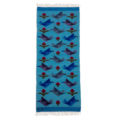 Handloomed Turquoise Wool Rug with Birds and Flowers (2x5)