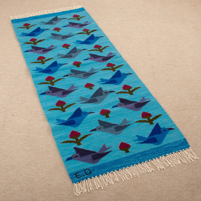 Wool area rug, 'Turquoise Calm' (2x5) - Handloomed Turquoise Wool Rug with Birds and Flowers (2x5)