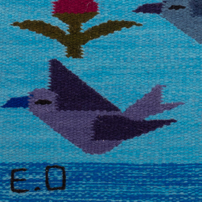Wollteppich, (2x5) - Handgewebter türkisfarbener Wollteppich mit Vögeln und Blumen (2x5)