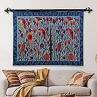 Wool tapestry, 'Refreshing Jungle' - Handwoven Blue Wool Tapestry of Natural Landscape from Peru