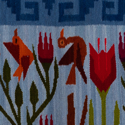 Wandteppich aus Wolle - Handgewebter Wandteppich aus blauer Wolle mit einer Naturlandschaft aus Peru