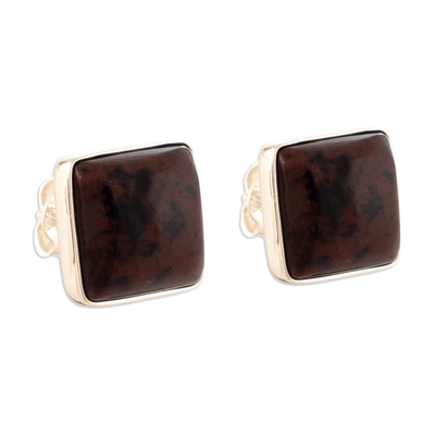 Mahogany obsidian stud earrings, 'Chocolate Bites' - Mahogany Obsidian & Sterling Silver Stud Earrings From Peru