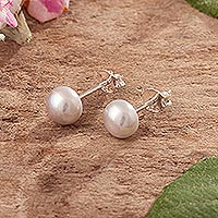 Cultured pearl stud earrings, 'Perfectly Grey' - Sterling Silver Stud Earrings with Grey Cultured Pearls