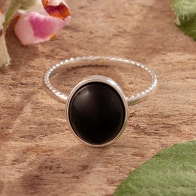 Onyx cocktail ring, 'Courage Amulet' - Sterling Silver Cocktail Ring with Black Onyx Cabochon