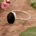 Onyx cocktail ring, 'Courage Amulet' - Sterling Silver Cocktail Ring with Black Onyx Cabochon