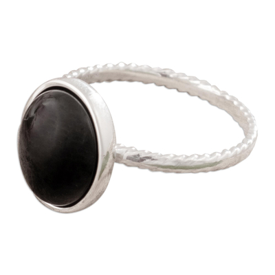 Onyx cocktail ring, 'Courage Amulet' - Sterling Silver Cocktail Ring with Black Onyx Cabochon