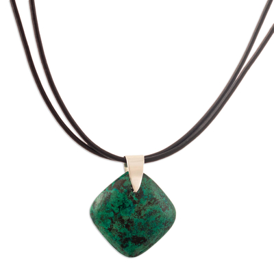 Chrysocolla pendant necklace, 'Machu Picchu Adventure' - Chrysocolla and Silver Pendant Necklace with Leather Cord