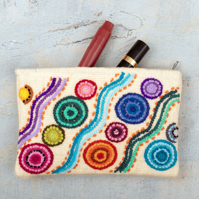 Wool cosmetic bag, 'Flowers and colours' - colourful Wool Floral Cosmetic Bag Hand-Woven in Peru