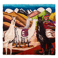 Tapiz de lana, 'Llamero Paz Mundial' - Tapiz de Lana de Hombre con Llamas Tejido a Mano en Perú
