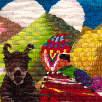 Wandteppich aus Wolle - Wollteppich mit Mann und Lamas, handgewebt in Peru