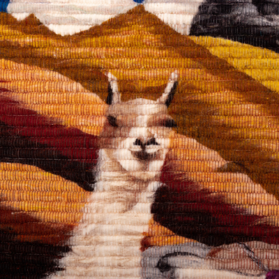 Wandteppich aus Wolle - Wollteppich mit Mann und Lamas, handgewebt in Peru