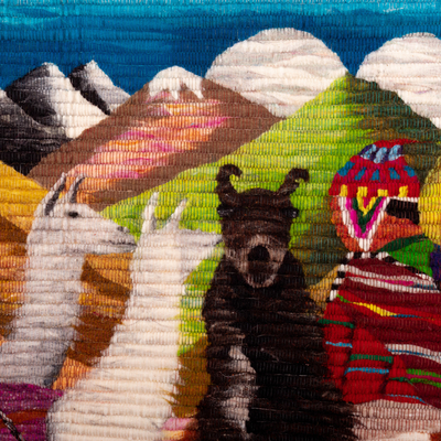 Wool tapestry, 'World Peace Llamero' - Wool Tapestry of Man with Llamas Hand-Woven in Peru