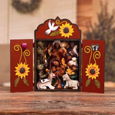 Retablo aus Keramik und Holz - Retablo mit religiöser Szene aus Keramik und Holz, handbemalt in Peru