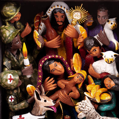 Ceramic and wood retablo, 'Grant Us Peace' - Ceramic & Wood Religious Scene Retablo Hand-Painted in Peru