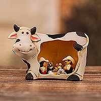 Ceramic nativity scene, 'Miracle of the Farm' - Cow Farm Christmas Nativity Scene Handcrafted from Ceramic