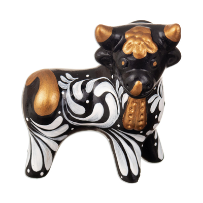 Ceramic sculpture, 'Black Guardian of Pucará' - Traditional Andean Handmade Ceramic Bull Sculpture in Black