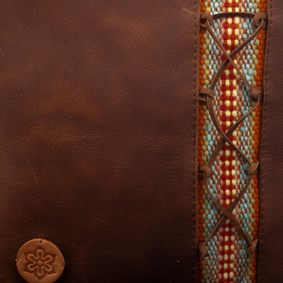 Leather sling, 'Adventurous Day' - Brown Leather Sling with Colorful Wool Textile from Peru