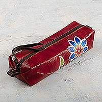 Leather makeup case, 'Floral Red' - Leather Makeup Case with Floral Motif Hand-Painted in Peru