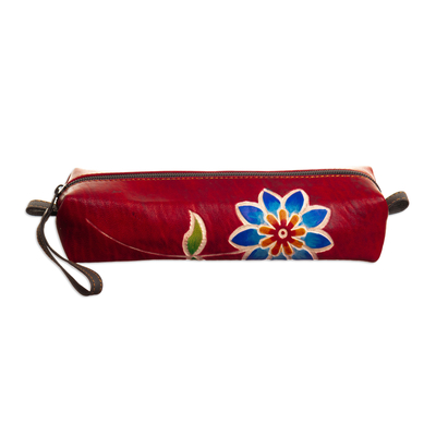 Leather makeup case, 'Floral Red' - Leather Makeup Case with Floral Motif Hand-Painted in Peru