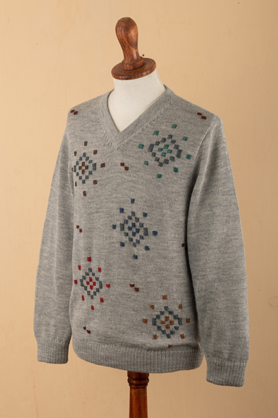 Men's 100% alpaca sweater, 'Little Stitches in Grey' - 100% Alpaca Hand-Embroidered Men's Pullover Sweater in Grey