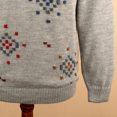 Men's 100% alpaca sweater, 'Little Stitches in Grey' - 100% Alpaca Hand-Embroidered Men's Pullover Sweater in Grey