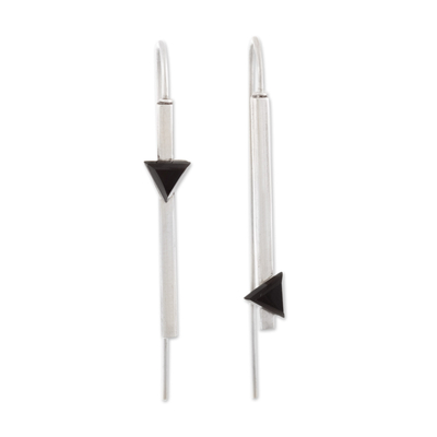Onyx drop earrings, 'Triangular Reflection' - Modern Sterling Silver Drop Earrings with Onyx Triangles