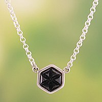 Onyx pendant necklace, 'Geometric Reflection' - Geometric Sterling Silver Pendant Necklace with Onyx Stone