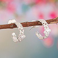 Sterling silver half-hoop earrings, 'Fairy Spirits' - Sterling Silver Floral Half-Hoop Earrings Crafted in Peru