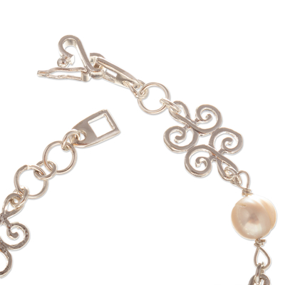 Cultured pearl link bracelet, 'Peace Incantation' - Sterling Silver Link Bracelet with Cream Cultured Pearls