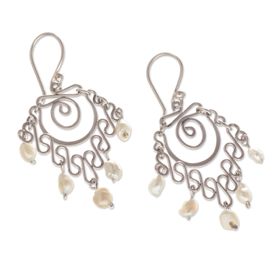 Cultured pearl chandelier earrings, 'Peace Gala' - Sterling Silver Chandelier Earrings with Cultured Pearls