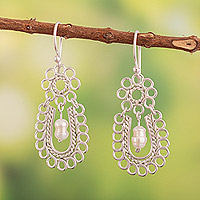 Cultured pearl dangle earrings, 'Faith Rings'