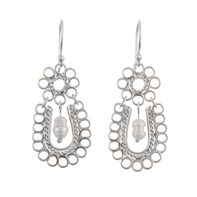 Cultured pearl dangle earrings, 'Faith Rings' - Sterling Silver Dangle Earrings with Rings and Cream Pearls