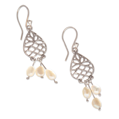 Cultured pearl dangle earrings, 'Innocent Leaves' - Sterling Silver Leafy Dangle Earrings with Cream Pearls