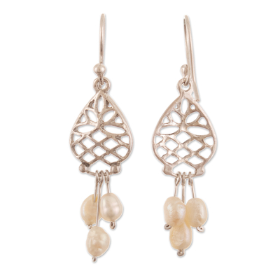 Cultured pearl dangle earrings, 'Innocent Leaves' - Sterling Silver Leafy Dangle Earrings with Cream Pearls