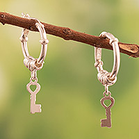 Sterling silver hoop earrings, 'Secret Key' - Polished Sterling Silver Hoop Earrings with Dangling Keys