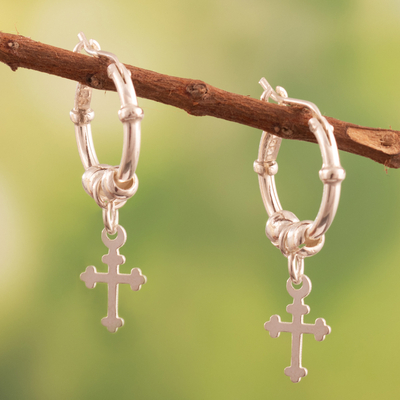 Sterling silver hoop earrings, 'Holy Crosses' - Polished Sterling Silver Hoop Earrings with Dangling Crosses
