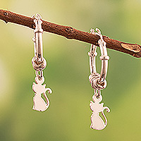 Sterling silver hoop earrings, 'Little Kitten' - Polished Sterling Silver Hoop Earrings with Cat Motif
