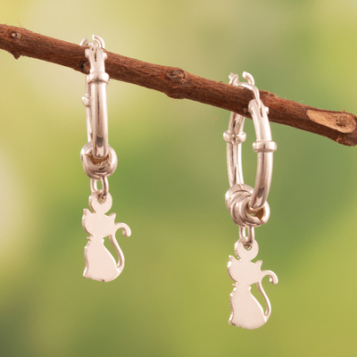 Sterling silver hoop earrings, 'Little Kitten' - Polished Sterling Silver Hoop Earrings with Cat Motif