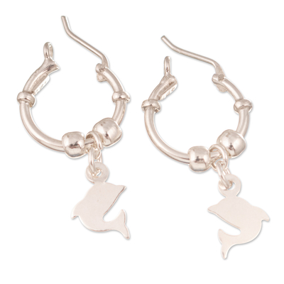 Sterling silver hoop earrings, 'Happy Dolphin' - Sterling Silver Hoop Earrings with Dangling Dolphin Charms
