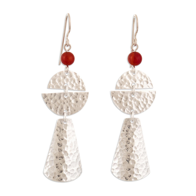 Agate dangle earrings, 'Vibrant Amulet' - Geometric Sterling Silver Dangle Earrings with Agate Stones
