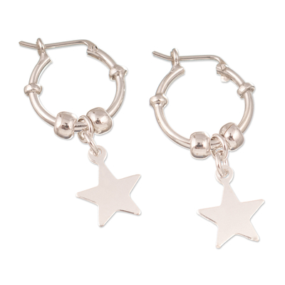 Sterling silver hoop earrings, 'Star Center' - Sterling Silver Hoop Earrings with Dangle Star Pendants