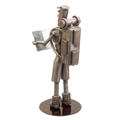 Auto part sculpture, 'Backpacker' - Recycled Auto Part Sculpture of A Backpacker from Peru
